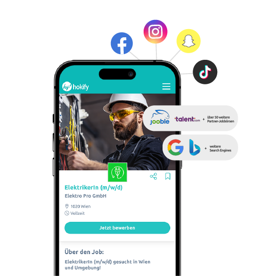 Illustration: Handy Mockup mit einer Stellenanzeige und Social Media Icons